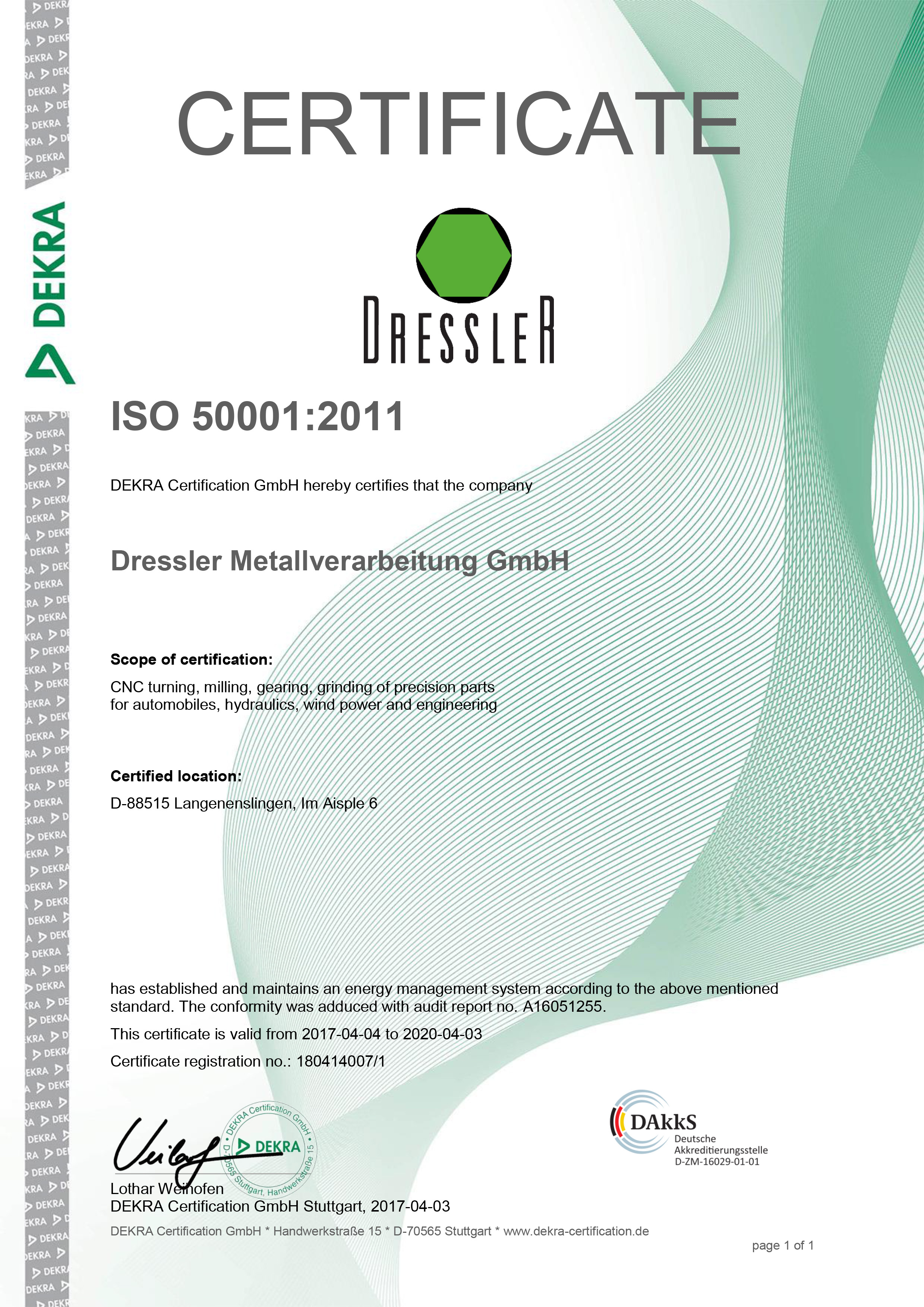 Zertifikat ISO 50001:2011 in Englisch für Dressler Metallverarbeitung